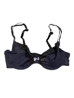 90s French Vintage Passionata Stripe Lace Trim Unlined Bra (Blue/Black) 32/34C